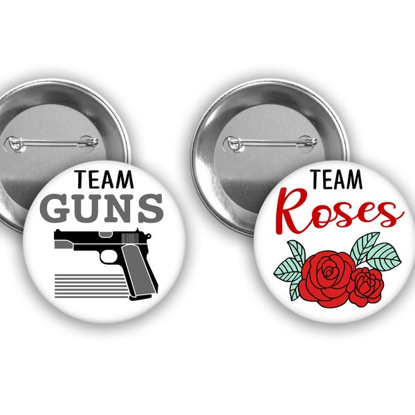 Team Guns and Team Roses gender reveal pins with red and gray.  Perfect for 'Guns or Roses'  themed party.