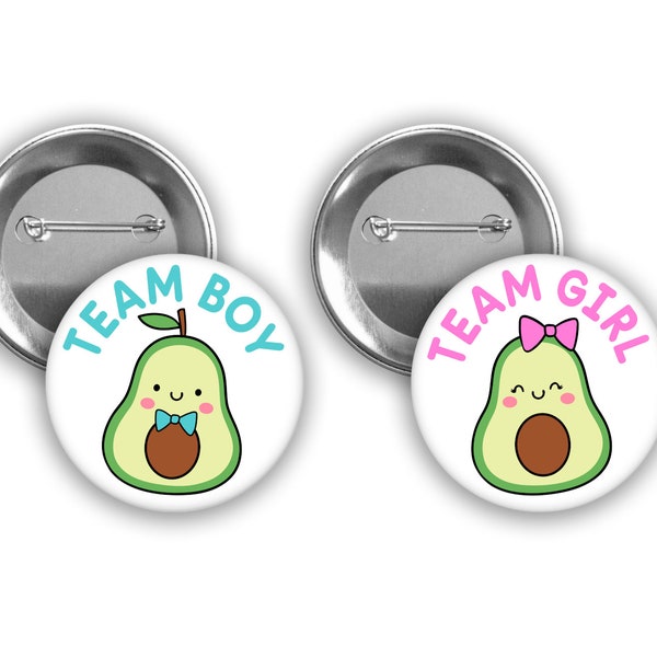 Team Girl and Team Boy Avocado gender reveal pins with pink and blue.  Perfect for fiesta themed party.