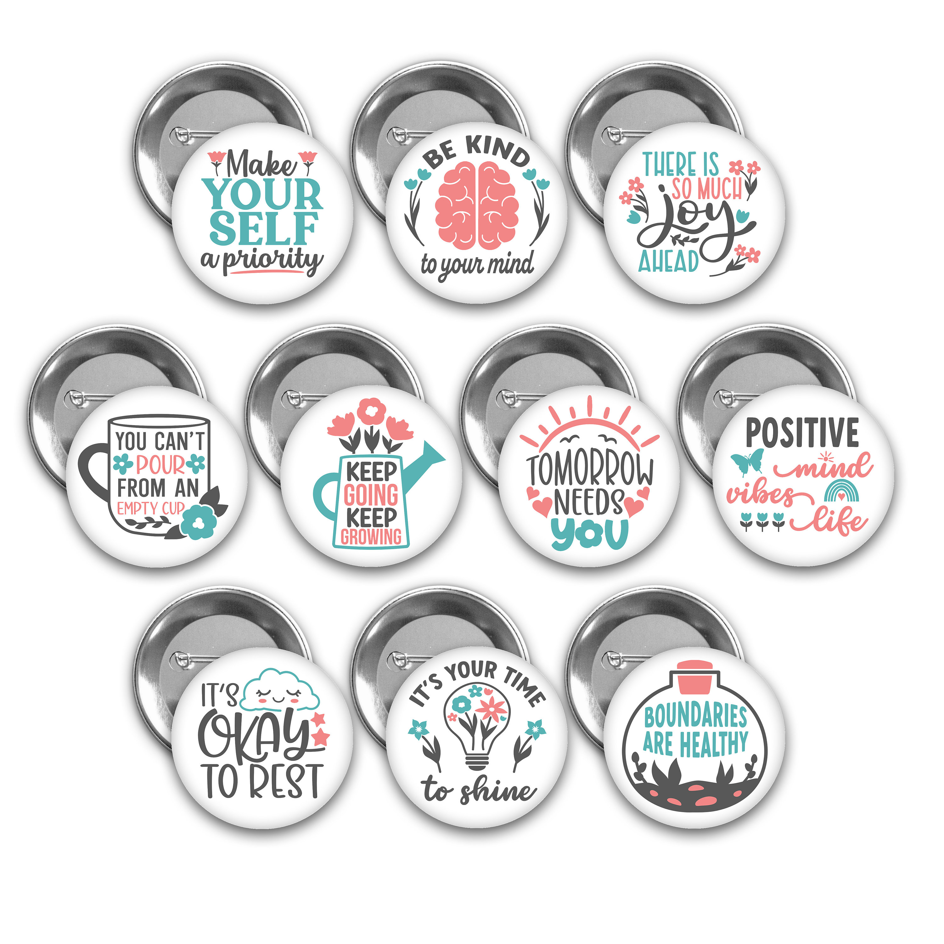 Positive thinking pin back buttons.  Set of 10.  3 pin sizes to choose from.