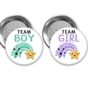Team Boy and Team Girl  Star gender reveal pins with purple and green.  Perfect for Little Star themed party.