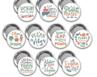 Vegan pin back buttons.  Set of 10.  3 pin sizes to choose from.