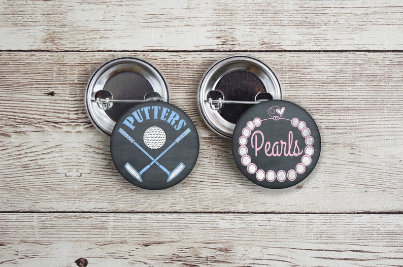 Putters or Pearls chalkboard style gender reveal pins with Pink and Blue.