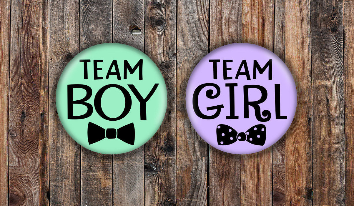 Team Boy and Team Girl gender reveal pins. Green and Purple. Etsy