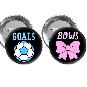 Goals or Bows soccer themed gender reveal pins.  White and blue soccer ball and pink bow on black background.