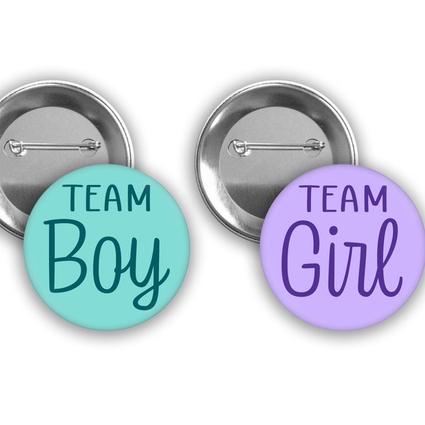 Team Boy and Team Girl gender reveal pins.  Purple and Teal Blue. 2 sizes available.