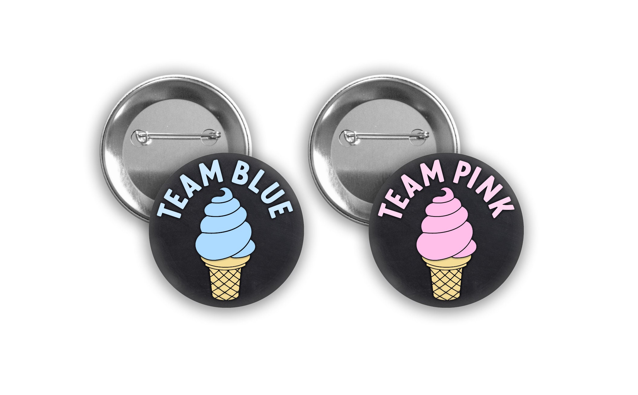 Team Pink and Team Blue Ice Cream Cone gender reveal pins on chalkboard background with pink and blue Perfect for ice cream