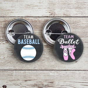 Team Baseball or Team Ballet chalkboard style gender reveal pins with pink and blue.