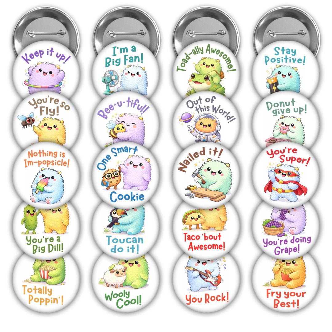 Motivational Monsters Pin Back Buttons. Set of 20. - Etsy