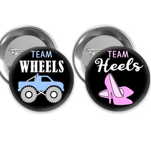 Team Wheels and Team Heels blue truck and pink heels on black background gender reveal pins.  Perfect for Wheels or Heels themed party.