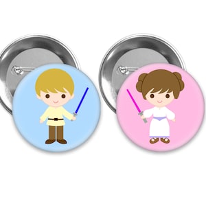 Little Jedi girl and boy gender reveal pins with pink and blue background for Jedi themed baby shower or gender reveal