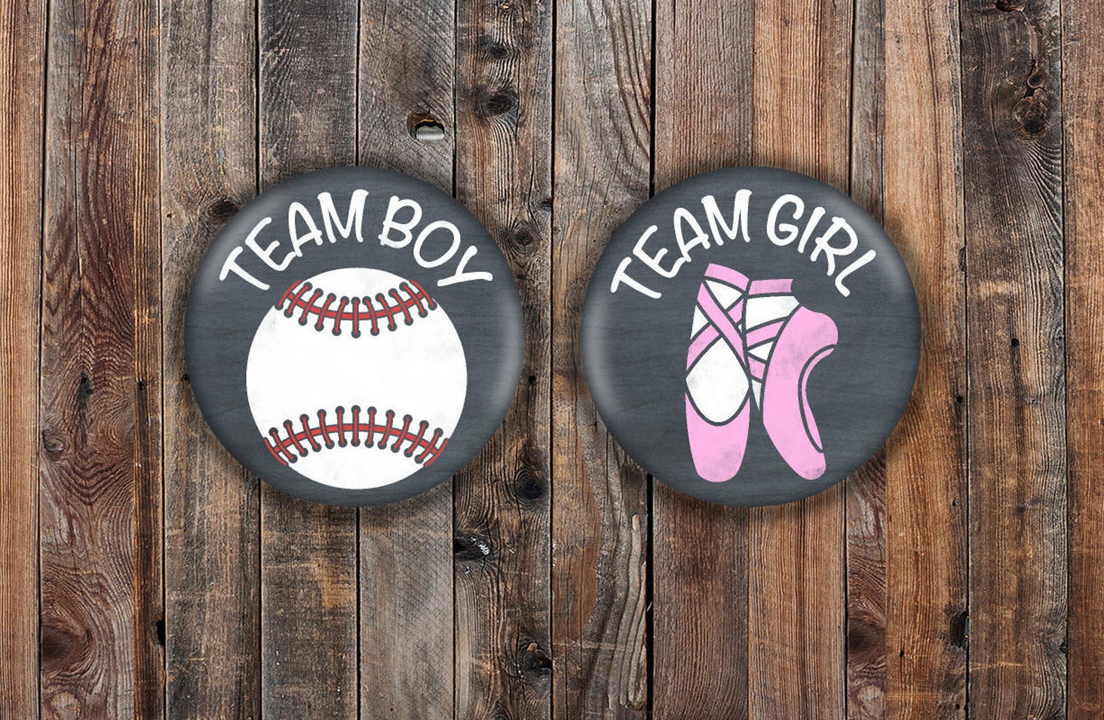 team boy and team girl baseball and ballet slippers gender reveal pins white baseball with red threads and pink ballet shoes
