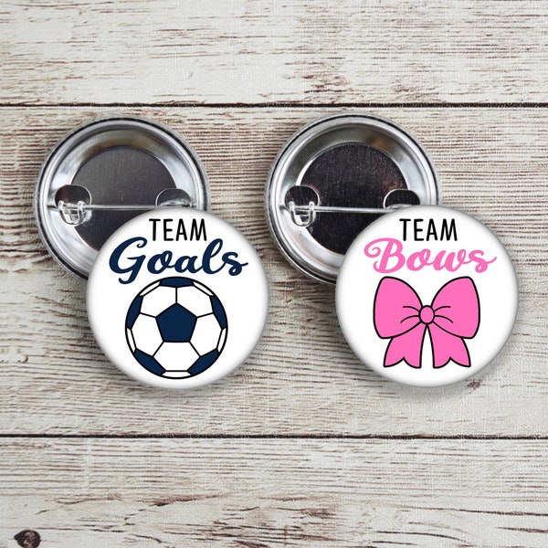 Team Goals and Team Bows gender reveal pins with pink and navy blue.  Perfect for soccer themed party.