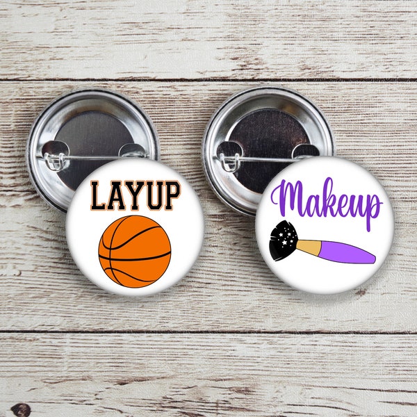 Orange Basketball and Purple Makeup brush basketball theme gender reveal pins for 'Layup or Makeup'