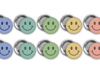 Smiley face pin back buttons.  Set of 10.  3 pin sizes to choose from.