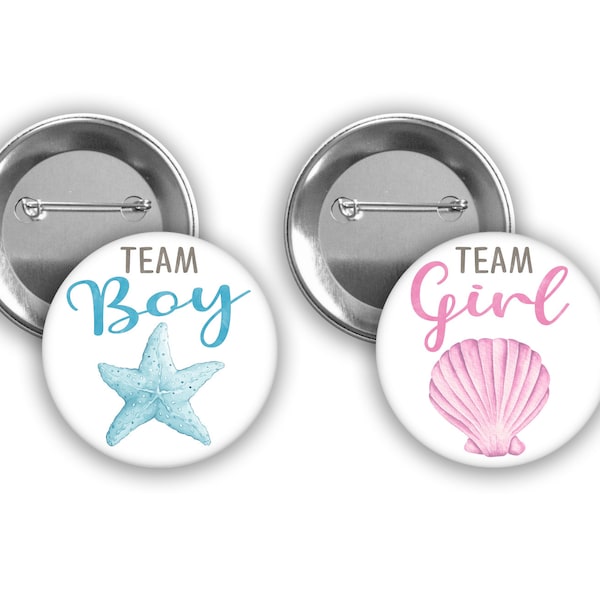 Team Girl and Team Boy Seashell and Starfish gender reveal pins with pink and blue.  Perfect for an Under the Sea themed party.