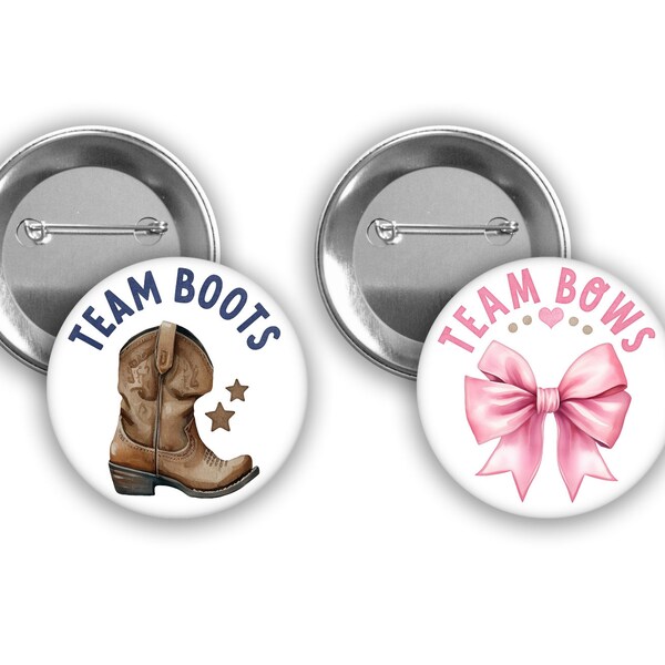 Team Boots or Team Bows themed gender reveal pins.  Pink Bow and Brown Boot with navy writing. 2 pin sizes available.