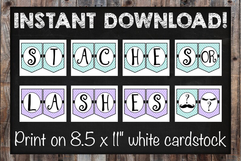 Staches Or Lashes Printable Banner Purple And Teal Instant Etsy
