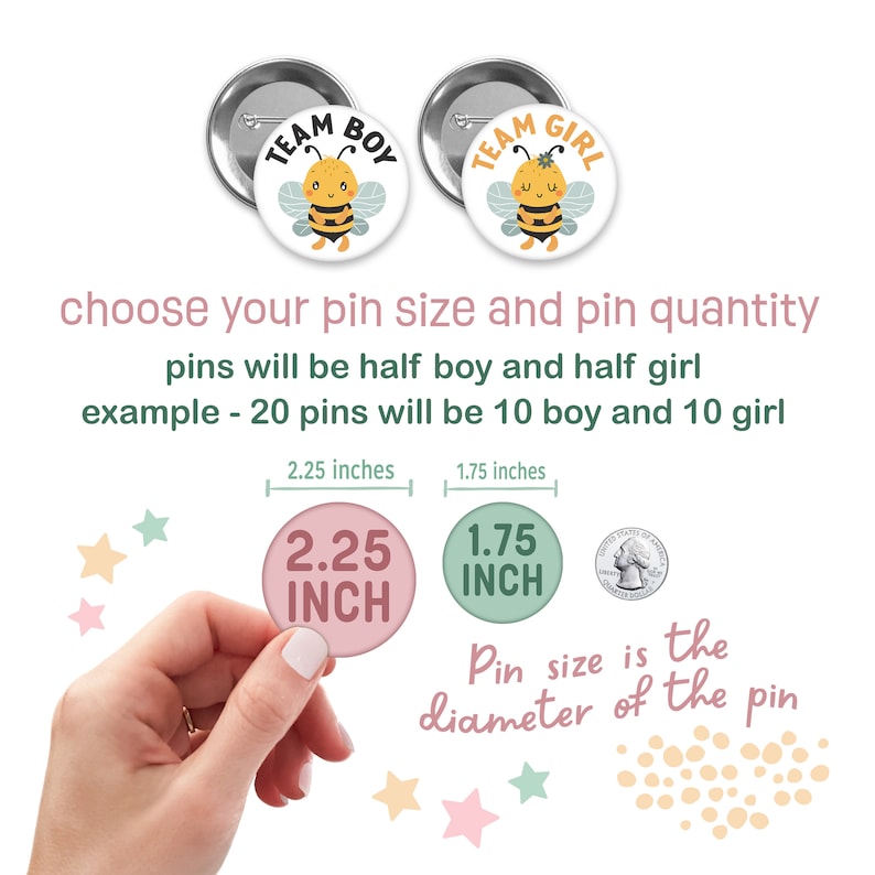 Team Boy or Girl Bee Gender Reveal Pins: Baby Shower Favors - Etsy