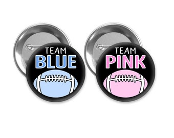 Team Pink and Team Blue on black background football themed gender reveal pins