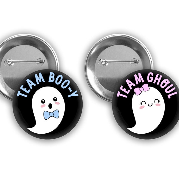 Team Ghoul Team Boo-y gender reveal pins.  Black background with light pink and light blue.