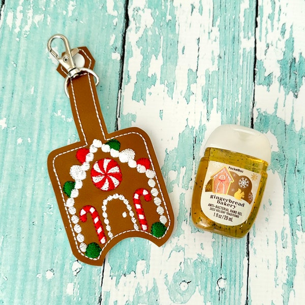 Gingerbread House Hand Sanitizer Holder, Hand Sanitizer Keeper, Christmas Hand Sanitizer Keychain  --- you choose from 70 Colors