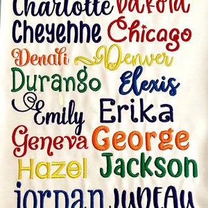 Pode incluir: Um fundo de tecido branco com nomes bordados em v&aacute;rias cores, incluindo Carolina, Gurly, Charlotte, Dakota, Cheyenne, Chicago, Denali, Denver, Durango, Elexis, Emily, Erika, Geneva, George, Hazel, Jackson, Jordan, Juneau, Kingdom e Logan.