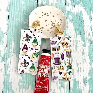 Mardi Gras Hand Lotion Holder, Hand Cream Holder, Hearts Pouch, Mardi Gras Hand Lotion Holder —-You Choose Print