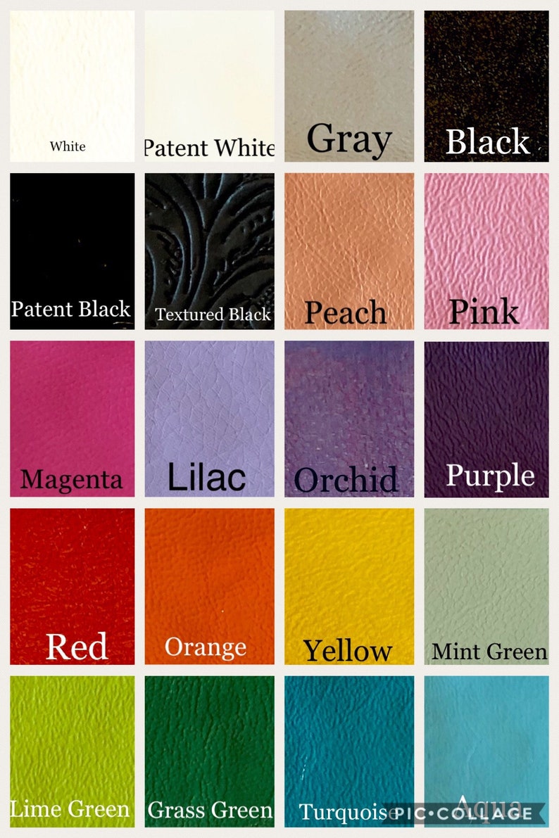 May include: A color chart showing 16 different colors of leather. The colors are: white, patent white, gray, black, patent black, textured black, peach, pink, magenta, lilac, orchid, purple, red, orange, yellow, mint green, lime green, grass green, turquoise, and aqua.