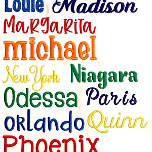 Pode incluir: Um fundo branco com um arco-&iacute;ris de nomes bordados, incluindo Londres, LUKE, Louie, Madison, Margarita, michael, Nova Iorque, Ni&aacute;gara, Odessa, Paris, Orlando, Quinn, Phoenix e POPPY.