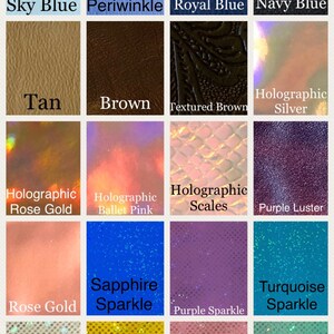 May include: A collage of 16 different colored and textured vinyl samples. The samples include colors like sky blue, periwinkle, royal blue, navy blue, tan, brown, textured brown, holographic silver, holographic rose gold, holographic ballet pink, holographic scales, purple luster, rose gold, sapphire sparkle, purple sparkle, turquoise sparkle, white sparkle, yellow sparkle, and pink sparkle.