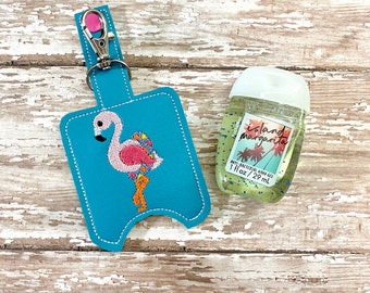 Unisex Teal Flamingo Monogrammed Keychain with Hand Sanitizer Holder Personalized