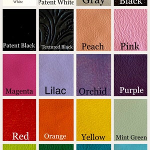 May include: A color chart showing 16 different colors of leather. The colors are: white, patent white, gray, black, patent black, textured black, peach, pink, magenta, lilac, orchid, purple, red, orange, yellow, mint green, lime green, grass green, turquoise, and aqua.