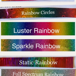 May include: A collage of seven different rainbow-colored craft supplies, including scales, circles, glitter, and luster. The text "Rainbow Scales", "Rainbow Circles", "Luster Rainbow", "Sparkle Rainbow", "Static Rainbow", "Full Spectrum Rainbow", and "Pastel Rainbow Glitter" is visible on each strip.