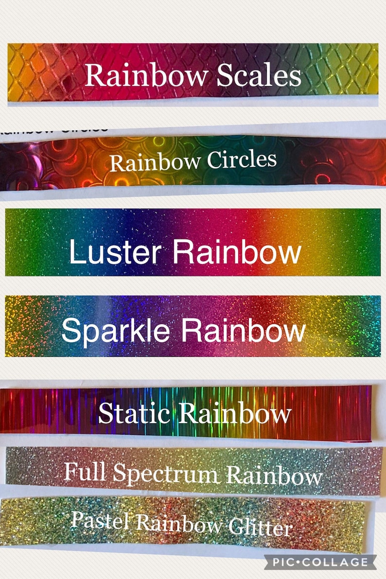 May include: A collage of seven different rainbow-colored craft supplies, including scales, circles, glitter, and luster. The text "Rainbow Scales", "Rainbow Circles", "Luster Rainbow", "Sparkle Rainbow", "Static Rainbow", "Full Spectrum Rainbow", and "Pastel Rainbow Glitter" is visible on each strip.