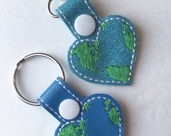 Earth keychain, Heart Earth Keychain, Earth Day, Save the Earth key fob--- you choose color!