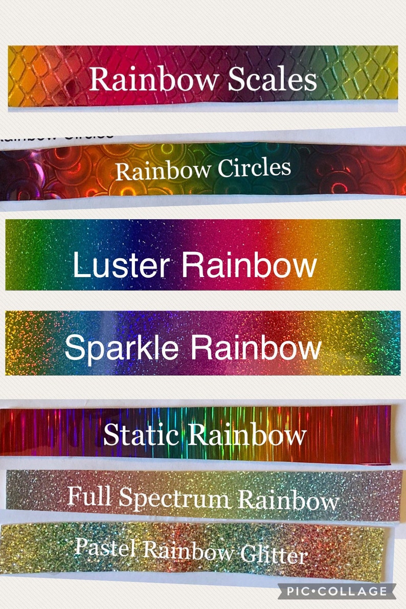 May include: A collage of seven different rainbow-colored adhesive tapes. The tapes have different textures, including scales, circles, glitter, and a static effect. The text on the tapes reads: "Rainbow Scales", "Rainbow Circles", "Luster Rainbow", "Sparkle Rainbow", "Static Rainbow", "Full Spectrum Rainbow", and "Pastel Rainbow Glitter".