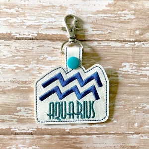 Aquarius Keychain, Zodiac Keychain, Aquarius Bag Tag, Aquarius Zipper Pull ---70 Colors