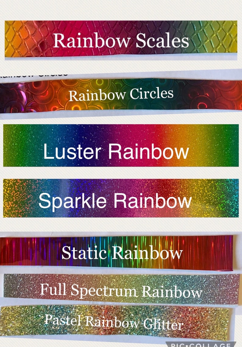May include: A collection of seven different rainbow holographic vinyl sheets. The sheets are labeled "Rainbow Scales", "Rainbow Circles", "Luster Rainbow", "Sparkle Rainbow", "Static Rainbow", "Full Spectrum Rainbow", and "Pastel Rainbow Glitter".