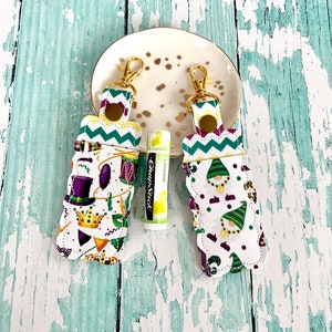 Mardi Gras Lip Balm Holder, Lip Balm Holder, Mardi Gras Pouch, Mardi Gras Hand Lip Balm Holder —-You Choose Print