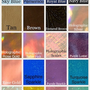 May include: A collage of 16 different colored and textured vinyl samples. The samples include colors like sky blue, periwinkle, royal blue, navy blue, tan, brown, textured brown, holographic silver, holographic rose gold, holographic ballet pink, holographic scales, purple luster, rose gold, sapphire sparkle, purple sparkle, turquoise sparkle, white sparkle, yellow sparkle, and pink sparkle.