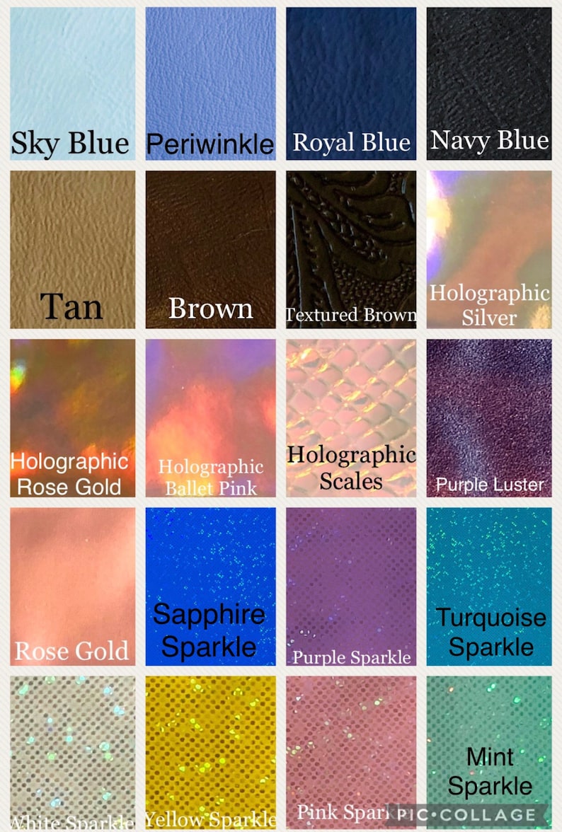 May include: A collage of 16 different colored and textured vinyl samples. The samples include colors like sky blue, periwinkle, royal blue, navy blue, tan, brown, textured brown, holographic silver, holographic rose gold, holographic ballet pink, holographic scales, purple luster, rose gold, sapphire sparkle, purple sparkle, turquoise sparkle, white sparkle, yellow sparkle, and pink sparkle.
