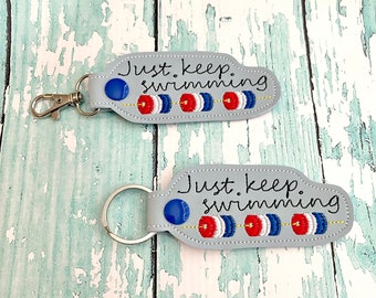 Swimming Keychain, Swimming Key chain, Just Keep Swimming Zipper Pull, Swimming Bag Tag