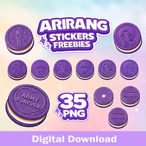 Puede incluir: Una colección de pegatinas digitales con temática de galletas moradas que incluye ilustraciones de personajes chibi, un icono de barra de luz y el texto ARIRANG STICKERS FREEBIES, ARMY FOREVER y 35 PNG. Las galletas redondas tienen relleno blanco.