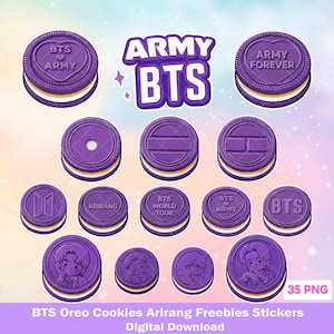 以下が含まれることがあります： BTSをテーマにした紫色のサンドイッチクッキーのイラスト集。ARMY、BTS、ARIRANGなどのテキストやキャラクターの肖像画が描かれています。クリームが挟まれたデザインのデジタルダウンロード用PNGステッカー35枚セットです。