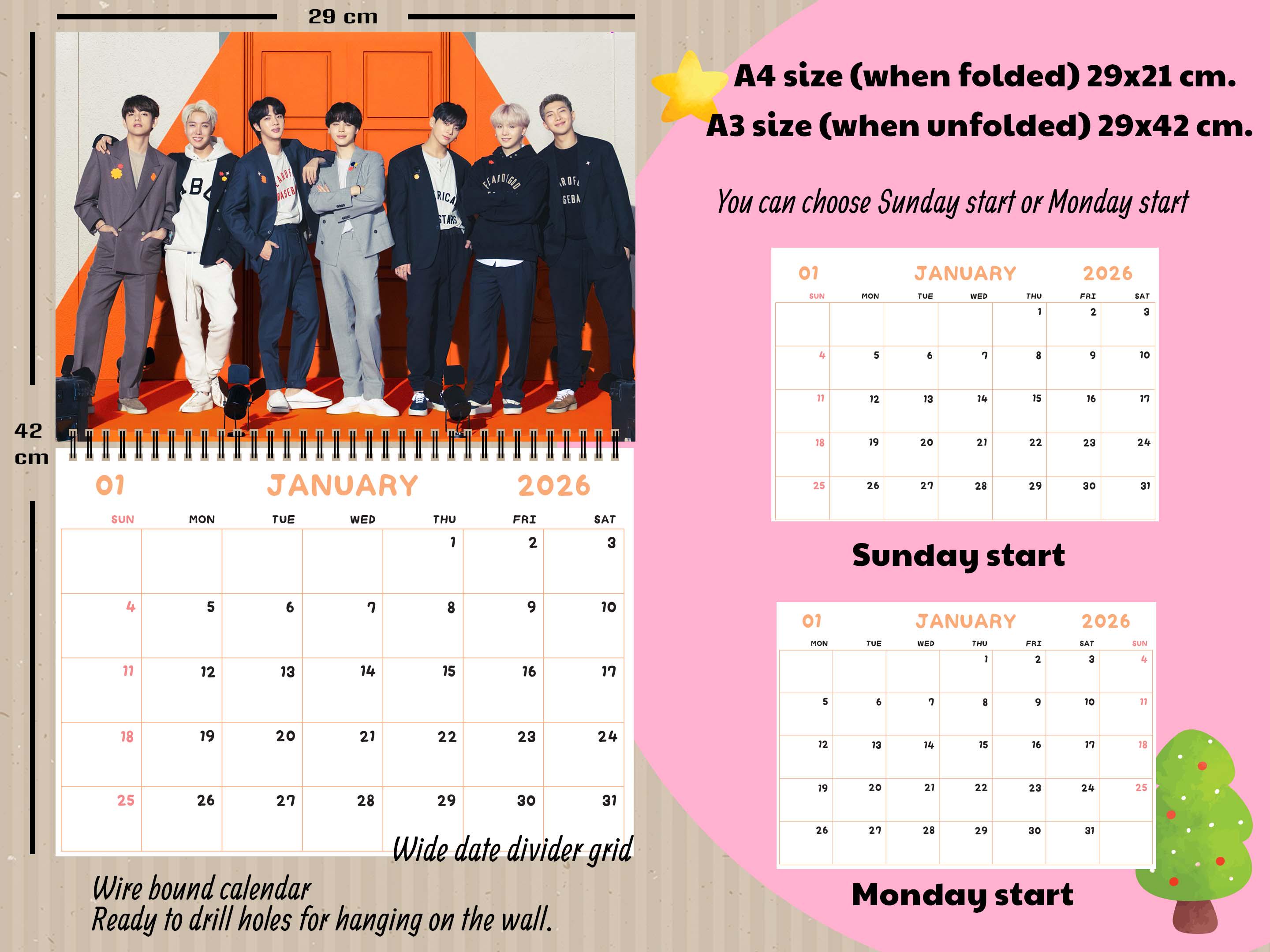 BTS壁掛けカレンダー2026、rm/jin/suga/j-hope/jimin/jungkook/v