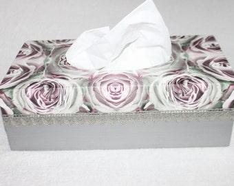 Vintage Rose Tissue Box Cover, Gray Wooden Tissue Box, Great Gift for Birthday, Housewarming, Lunch Time