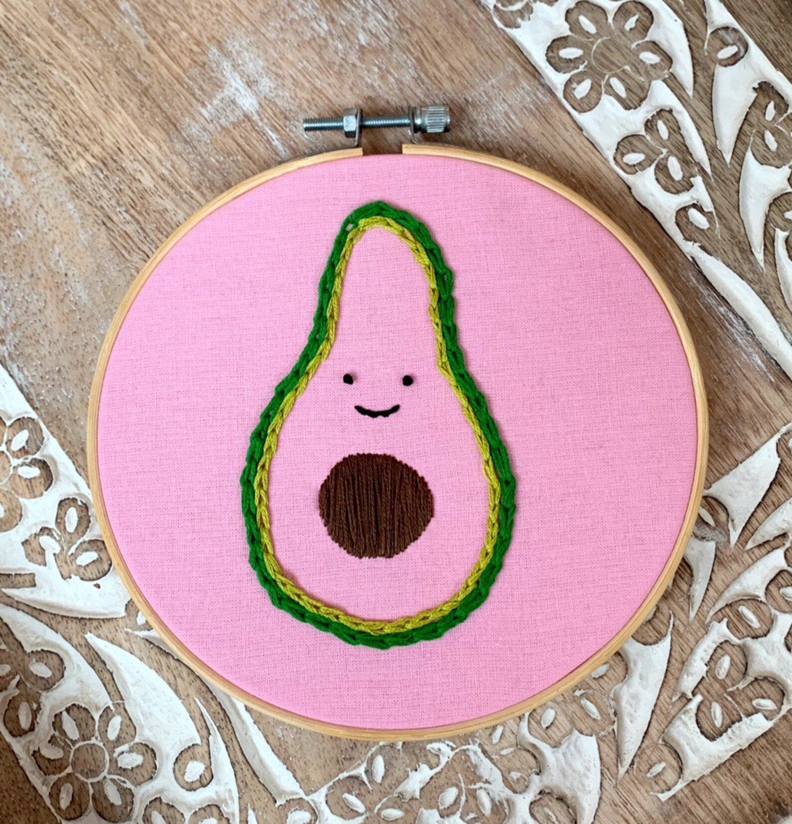 Happy Avocado Buddy Embroidery Wall Hanging Hoop Art Rosy Pink Avocado Trendy Cute Millennial