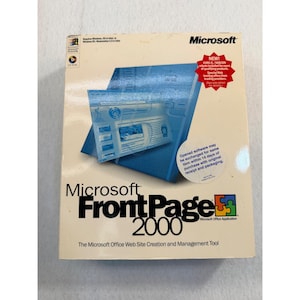 May include: A rectangular software box for Microsoft FrontPage 2000, the web site creation and management tool. The cream-colored box features blue graphic elements, the Microsoft logo, and a red starburst graphic with promotional text.