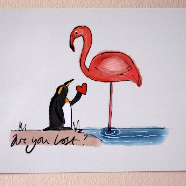 Are You Lost (words) Digital Art illustration Postcard with Penguin and Flamingo birds