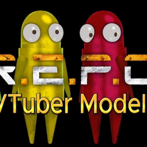 May include: Four cartoon characters with large eyes and different coloured bodies stand in a row. The characters are labelled "R.E.P.U. VTuber Model".